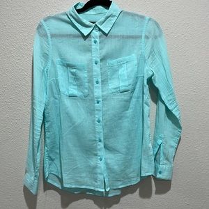 Banana Republic semi-sheer gauzy cotton button down blouse aqua teal blue in XS